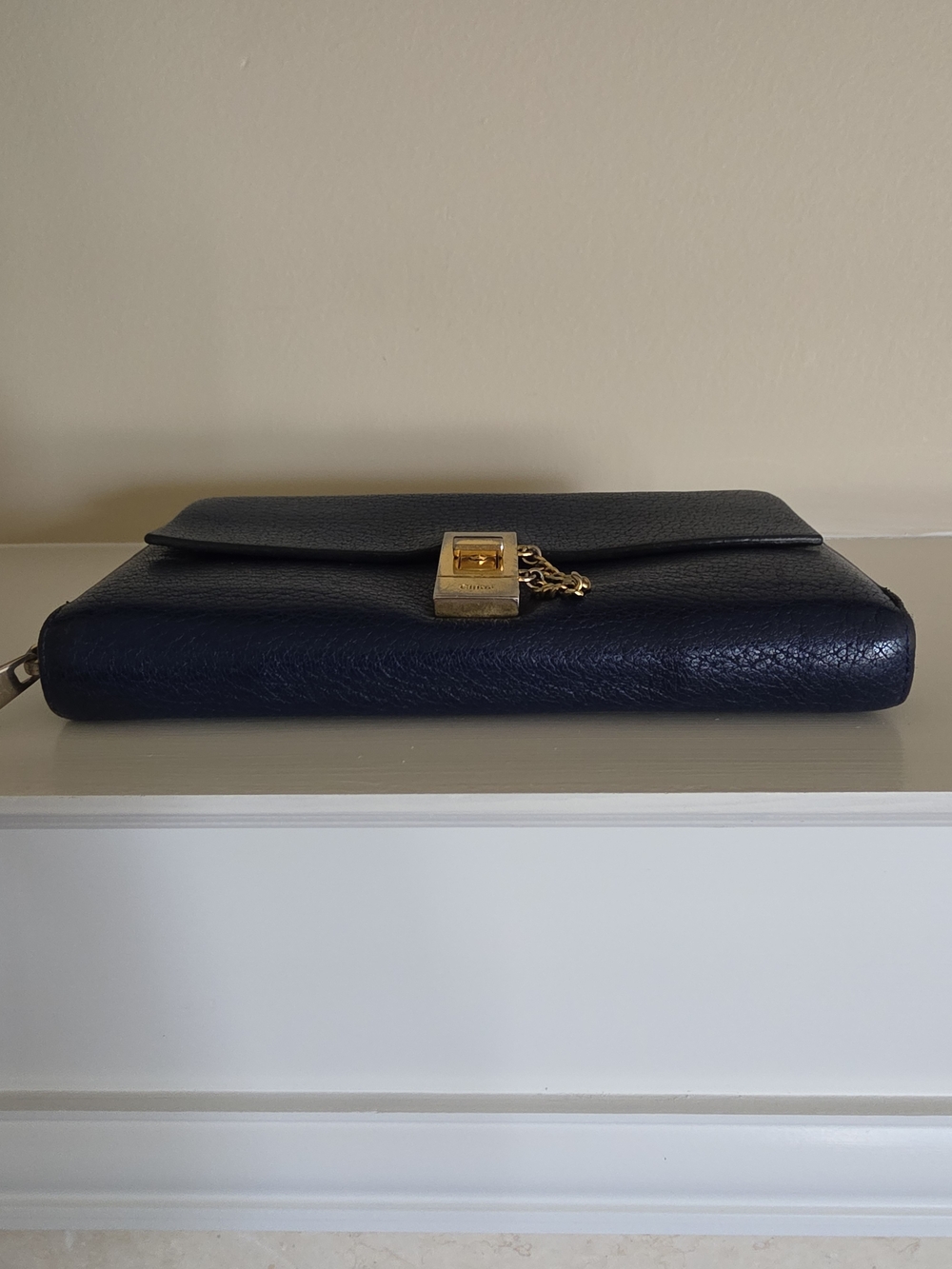 Chloe Navy Leather Zip Wallet with Gold Hardware And Chain Detail - Picture 14 of 14